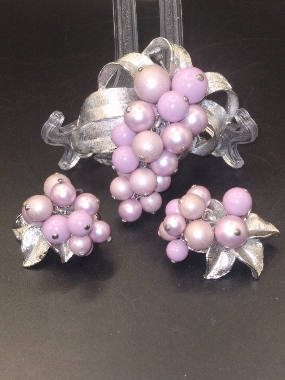 Park Lane Signed Vintage 1960s Lavender Pink Cluster Brooch & Clip Earrings Set